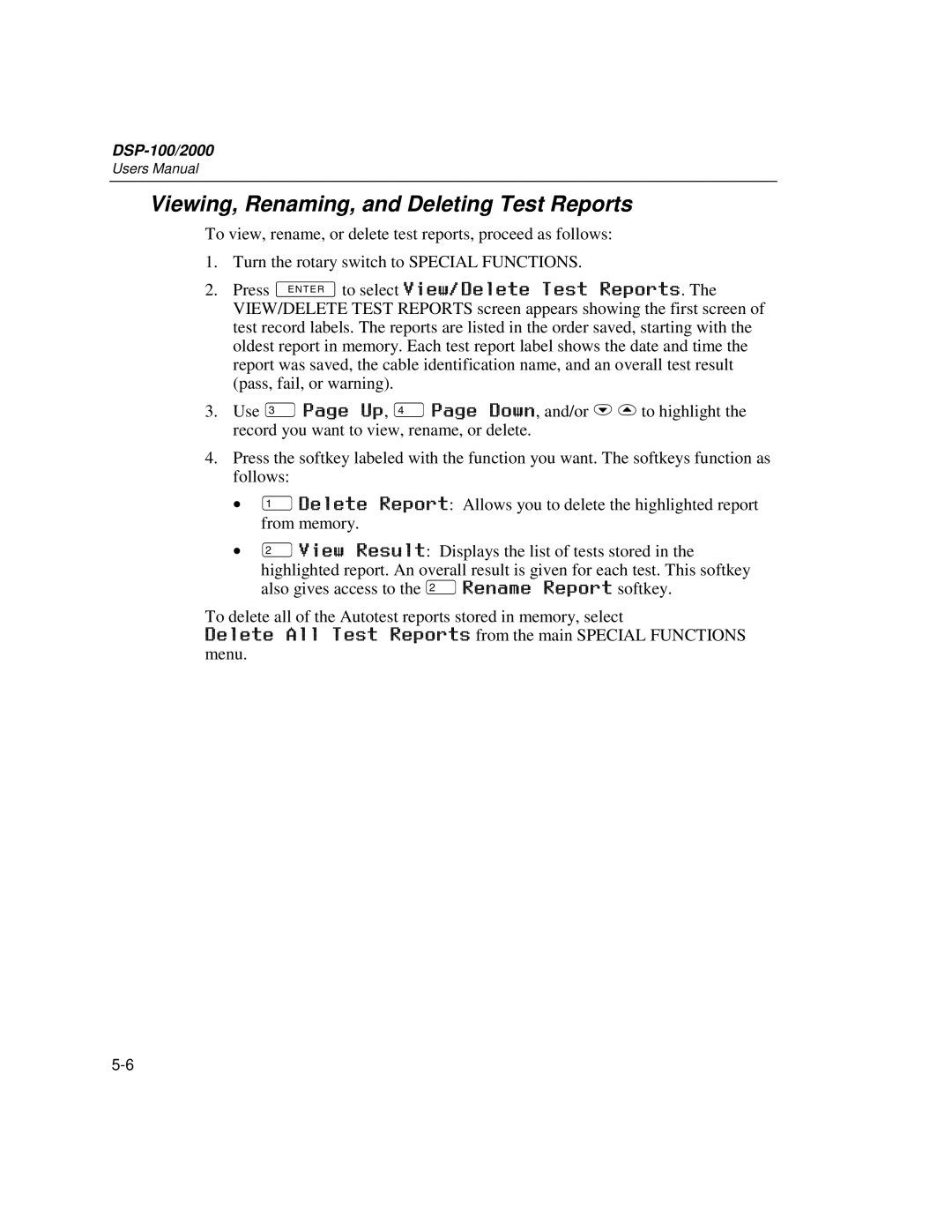 Fluke DSP-2000, DSP-100 user manual Viewing, Renaming, and Deleting Test Reports 