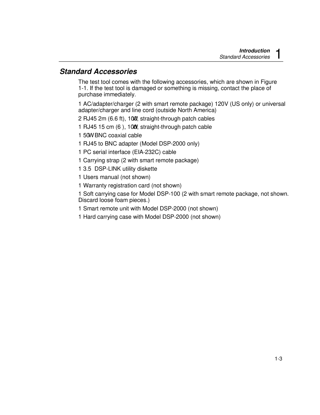 Fluke DSP-100, DSP-2000 user manual Standard Accessories 