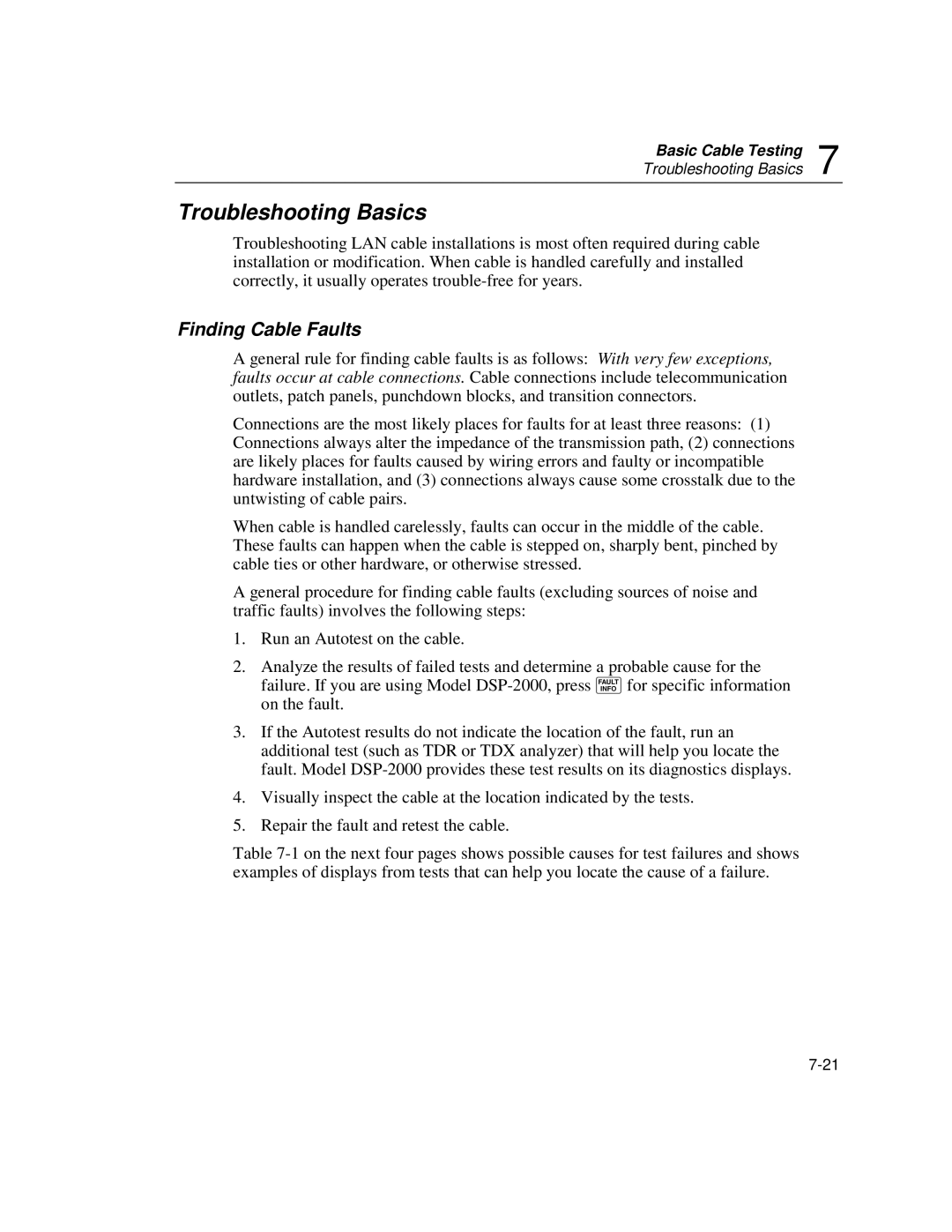 Fluke DSP-100, DSP-2000 user manual Troubleshooting Basics, Finding Cable Faults 