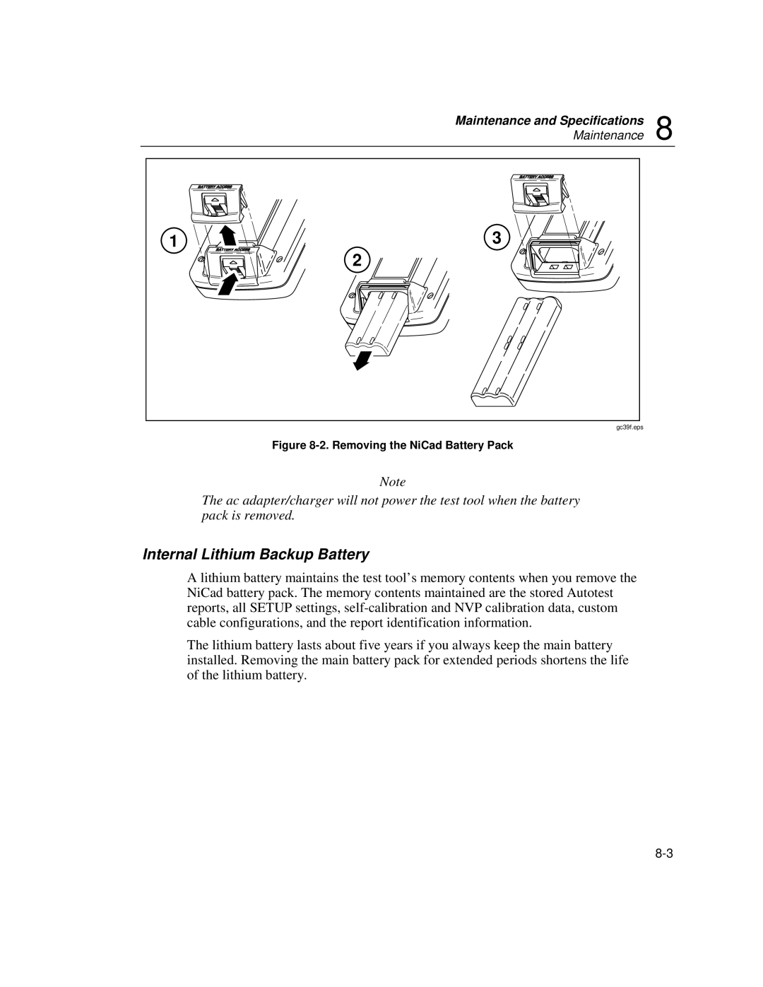 Fluke DSP-100, DSP-2000 user manual Internal Lithium Backup Battery, Removing the NiCad Battery Pack 