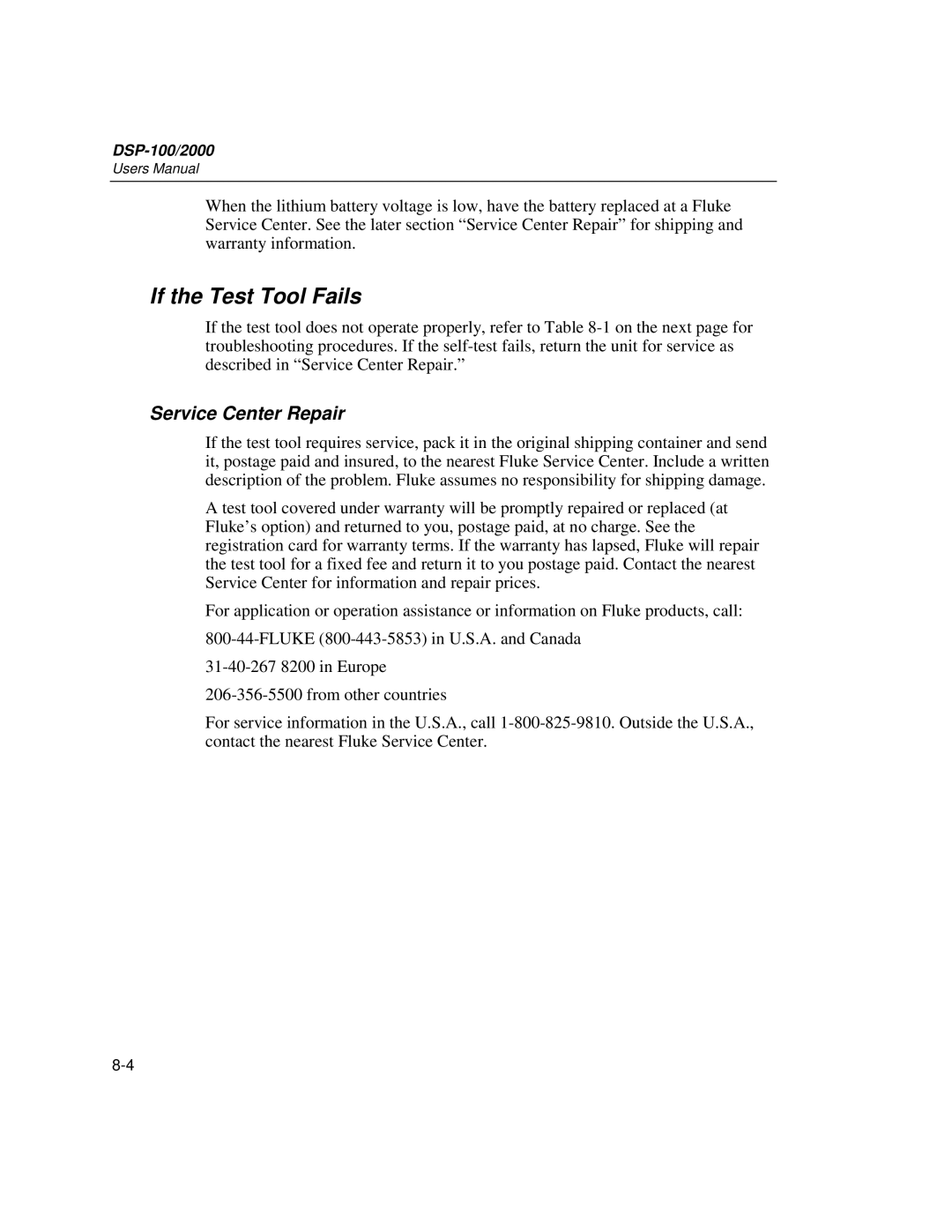 Fluke DSP-2000, DSP-100 user manual If the Test Tool Fails, Service Center Repair 