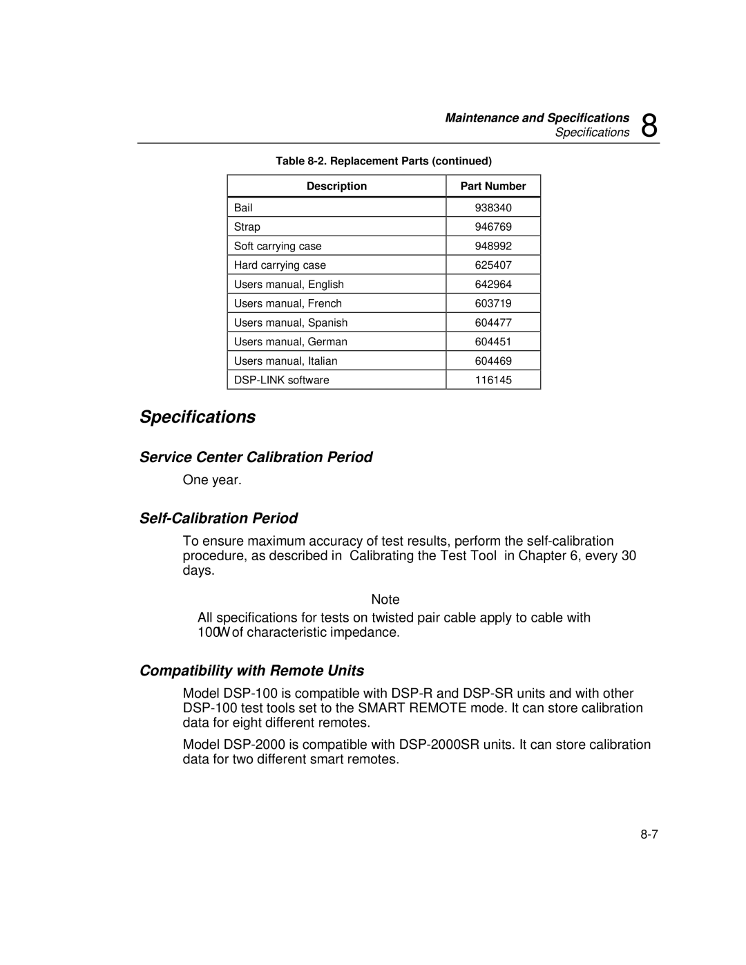 Fluke DSP-100 Specifications, Service Center Calibration Period, Self-Calibration Period, Compatibility with Remote Units 