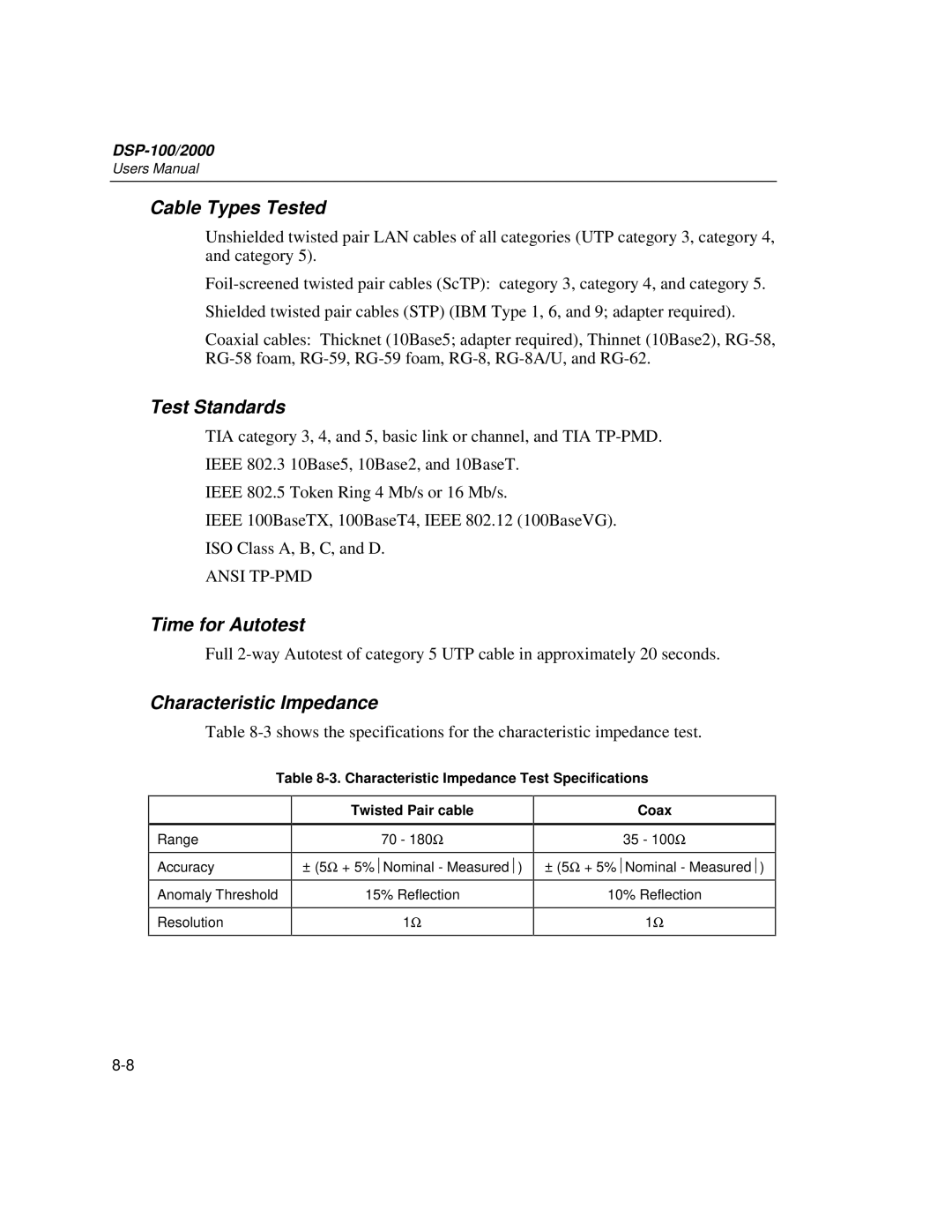 Fluke DSP-2000, DSP-100 user manual Cable Types Tested, Test Standards, Time for Autotest 