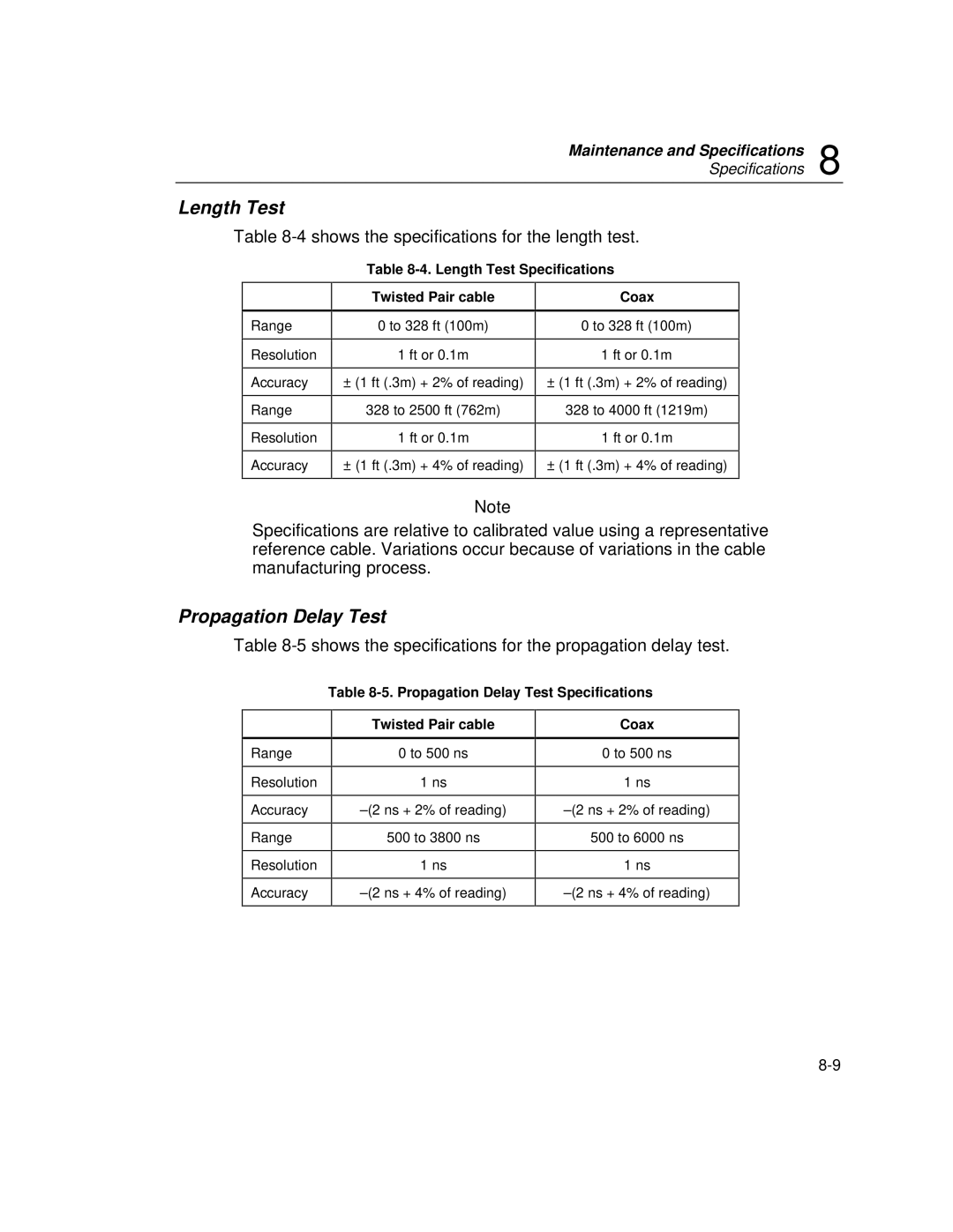 Fluke DSP-100, DSP-2000 user manual Length Test Specifications, Propagation Delay Test Specifications 