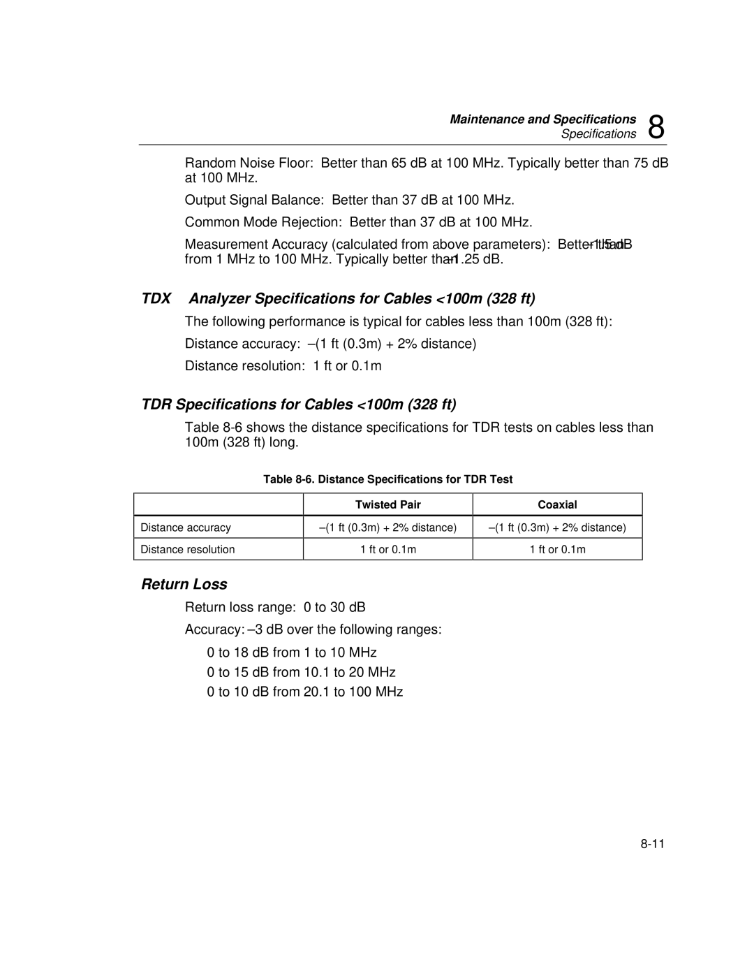 Fluke DSP-100 TDX Analyzer Specifications for Cables 100m 328 ft, TDR Specifications for Cables 100m 328 ft, Return Loss 