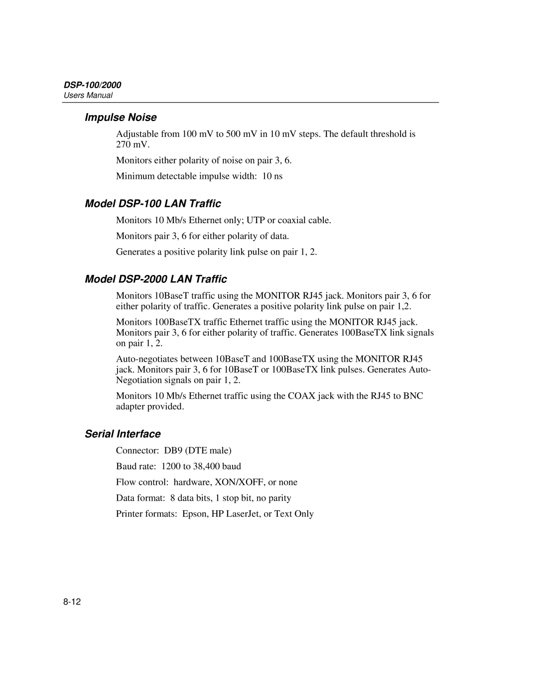 Fluke user manual Impulse Noise, Model DSP-100 LAN Traffic, Model DSP-2000 LAN Traffic, Serial Interface 