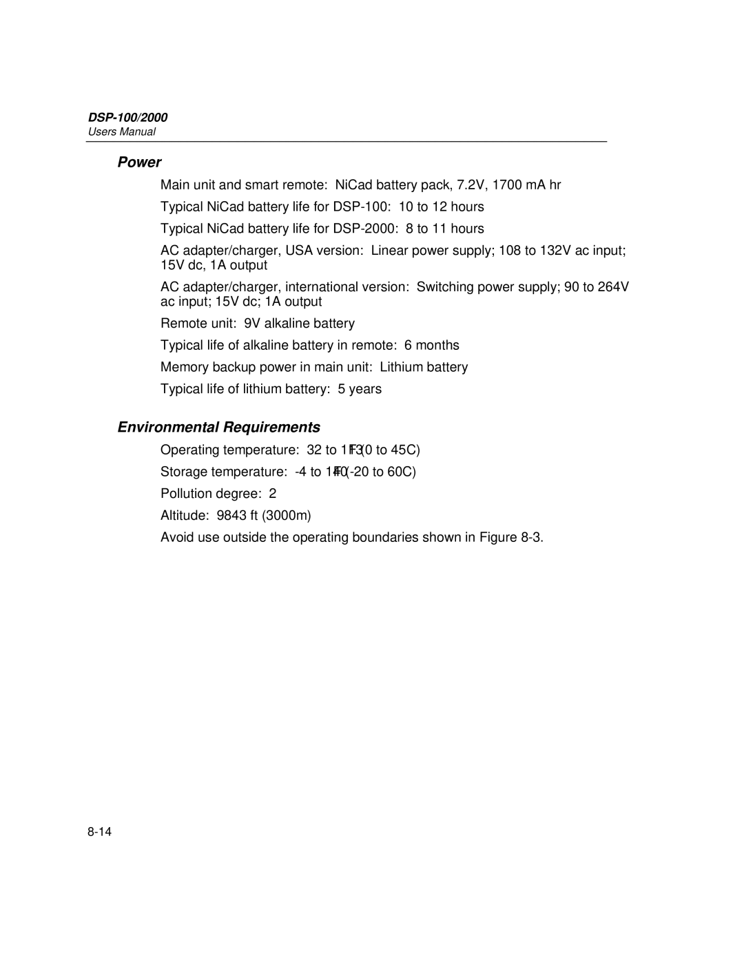 Fluke DSP-2000, DSP-100 user manual Power, Environmental Requirements 