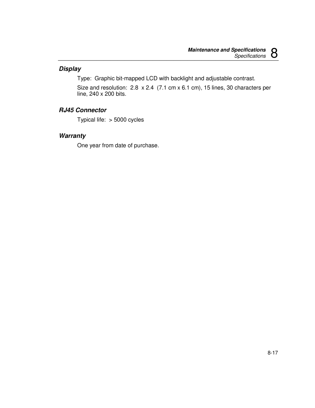 Fluke DSP-100, DSP-2000 user manual Display, RJ45 Connector, Warranty 