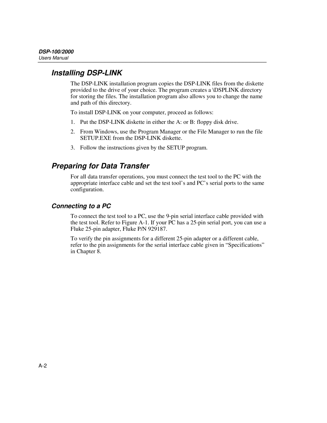 Fluke DSP-2000, DSP-100 user manual Installing DSP-LINK, Preparing for Data Transfer, Connecting to a PC 