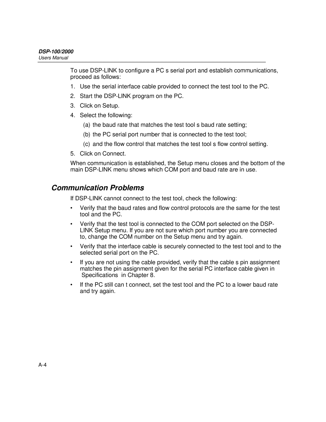 Fluke DSP-2000, DSP-100 user manual Communication Problems 