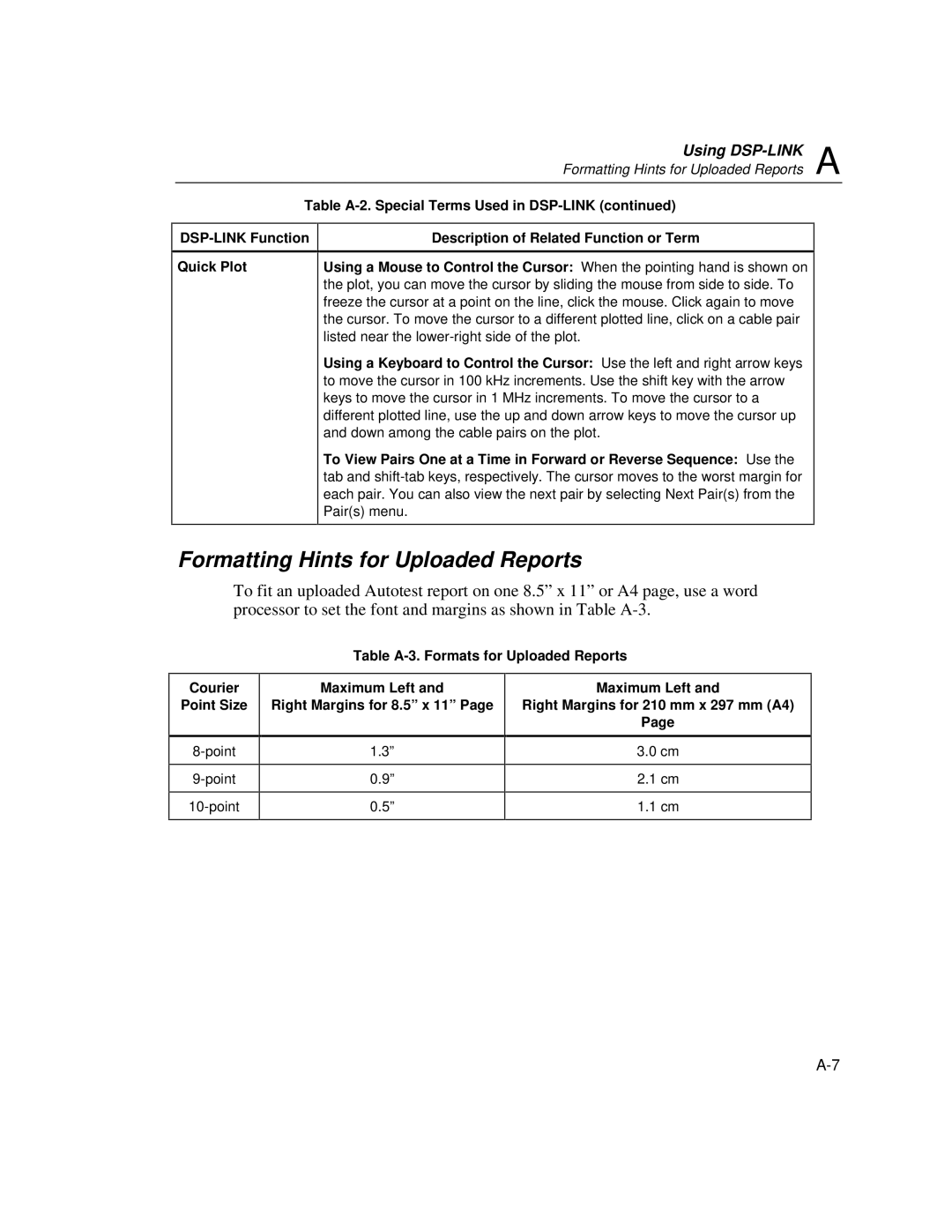 Fluke DSP-100, DSP-2000 Formatting Hints for Uploaded Reports, Table A-3. Formats for Uploaded Reports Courier Point Size 