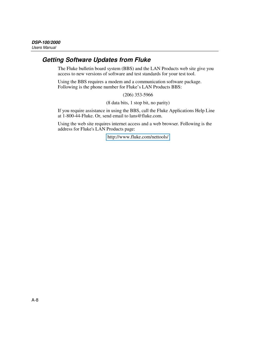 Fluke DSP-2000, DSP-100 user manual Getting Software Updates from Fluke 