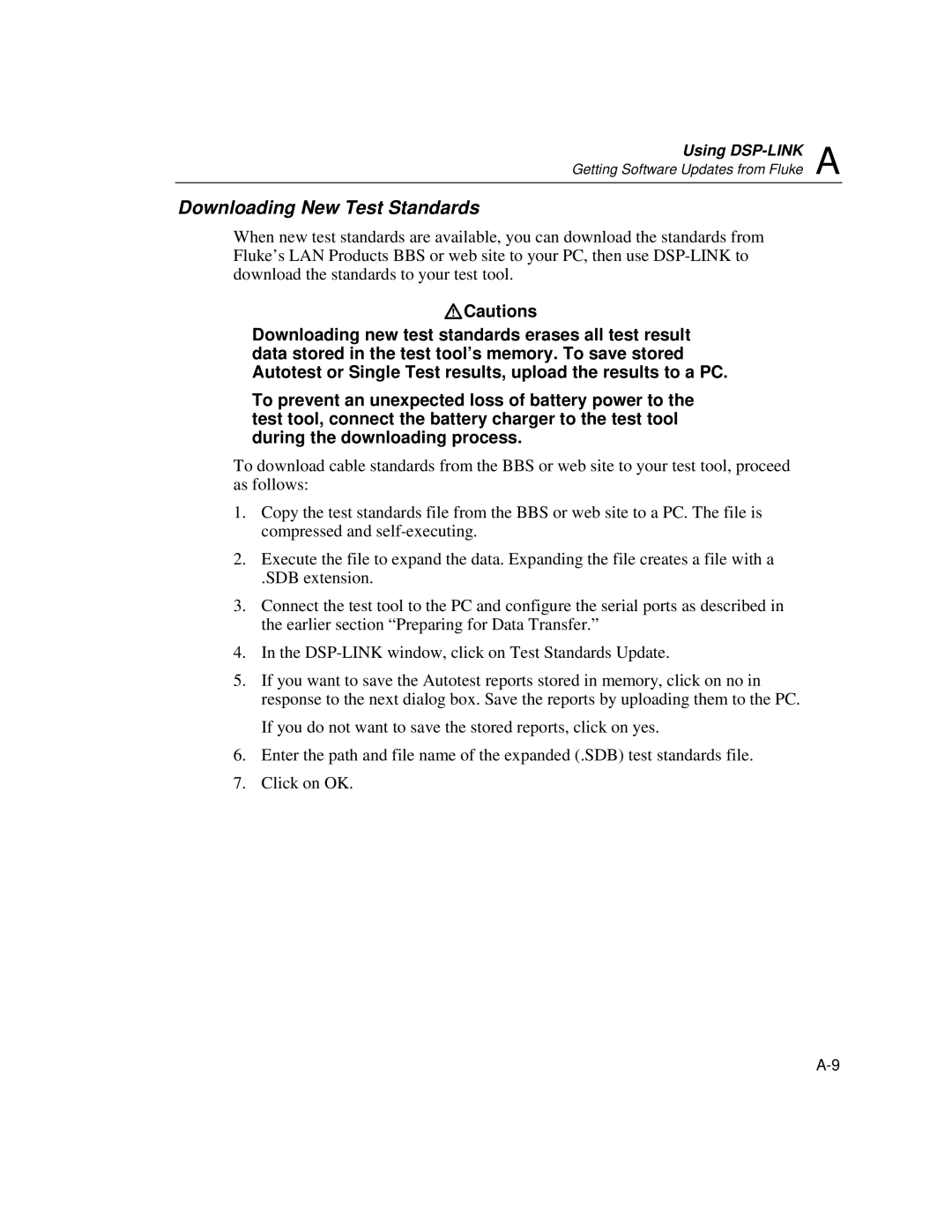 Fluke DSP-100, DSP-2000 user manual Downloading New Test Standards 