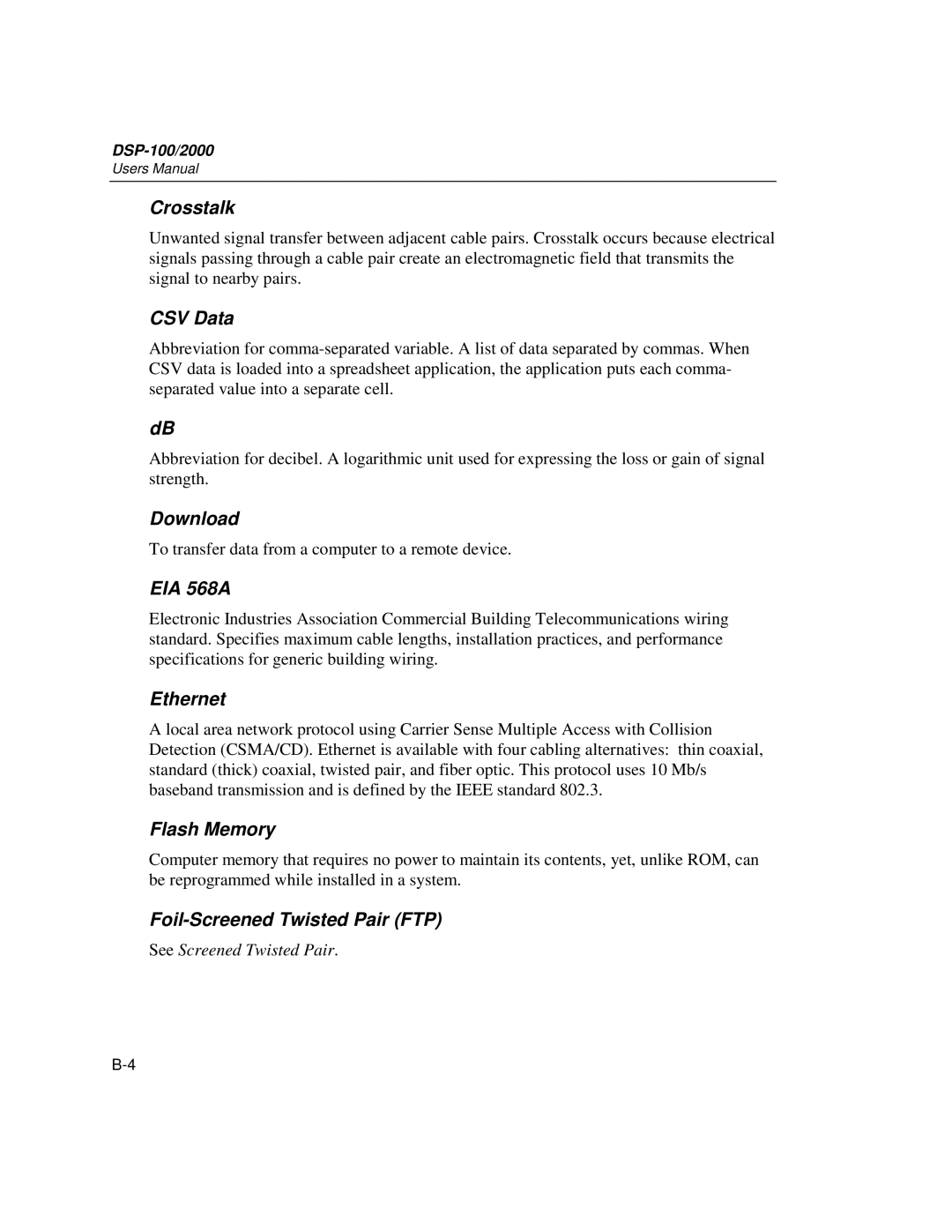 Fluke DSP-2000, DSP-100 Crosstalk, CSV Data, Download, EIA 568A, Ethernet, Flash Memory, Foil-Screened Twisted Pair FTP 