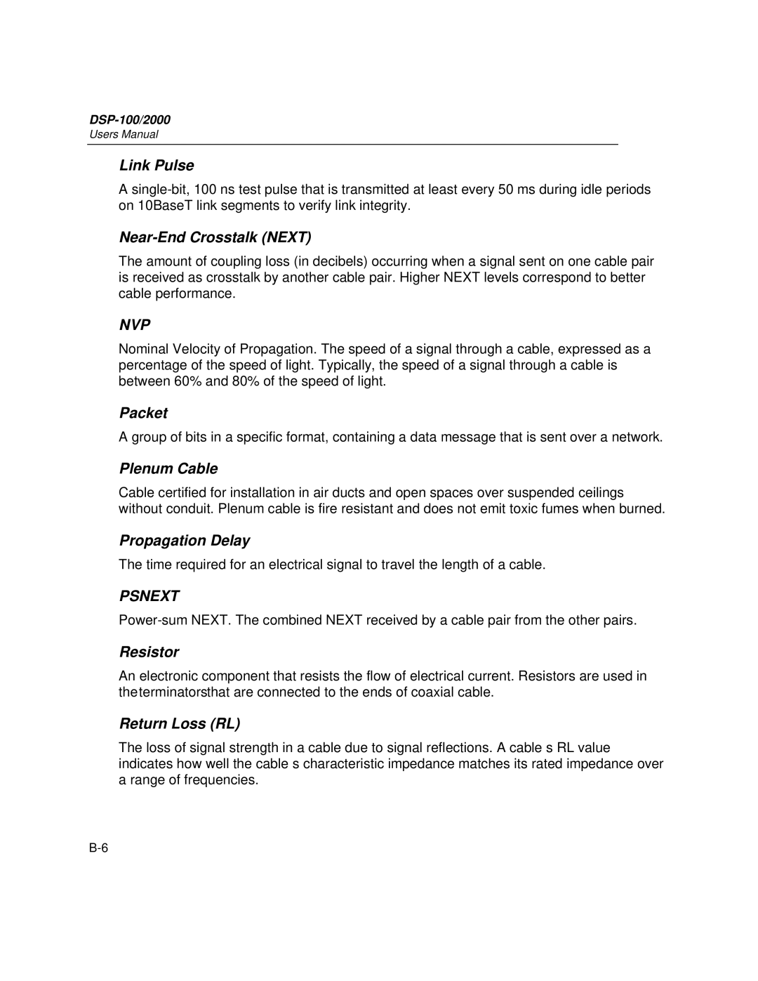 Fluke DSP-2000, DSP-100 user manual Link Pulse, Near-End Crosstalk Next, Packet, Plenum Cable, Propagation Delay, Resistor 