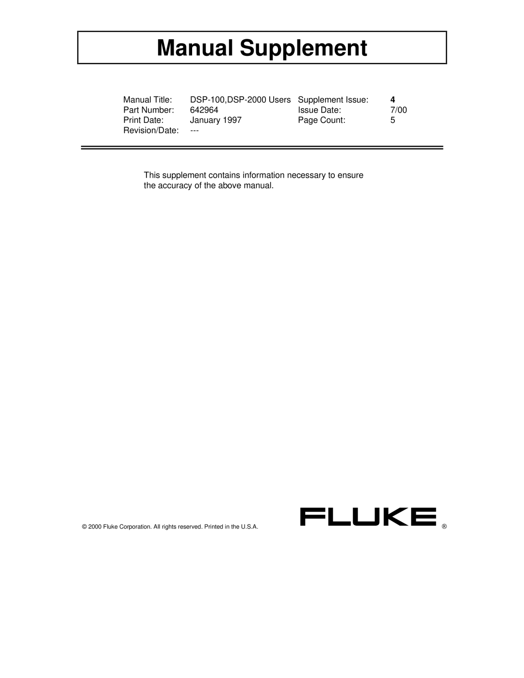 Fluke DSP-100, DSP-2000 user manual Manual Supplement 