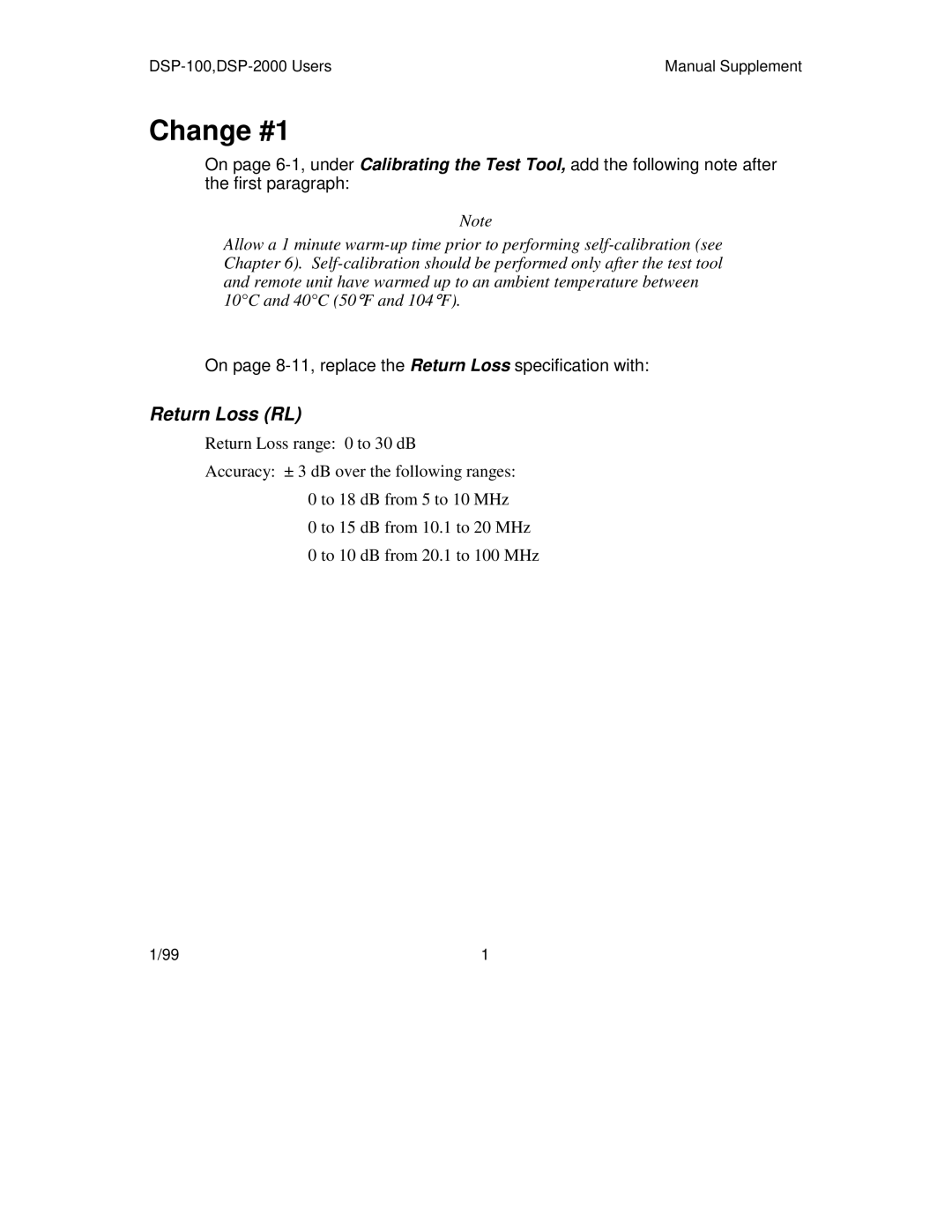 Fluke DSP-2000, DSP-100 user manual Change #1 