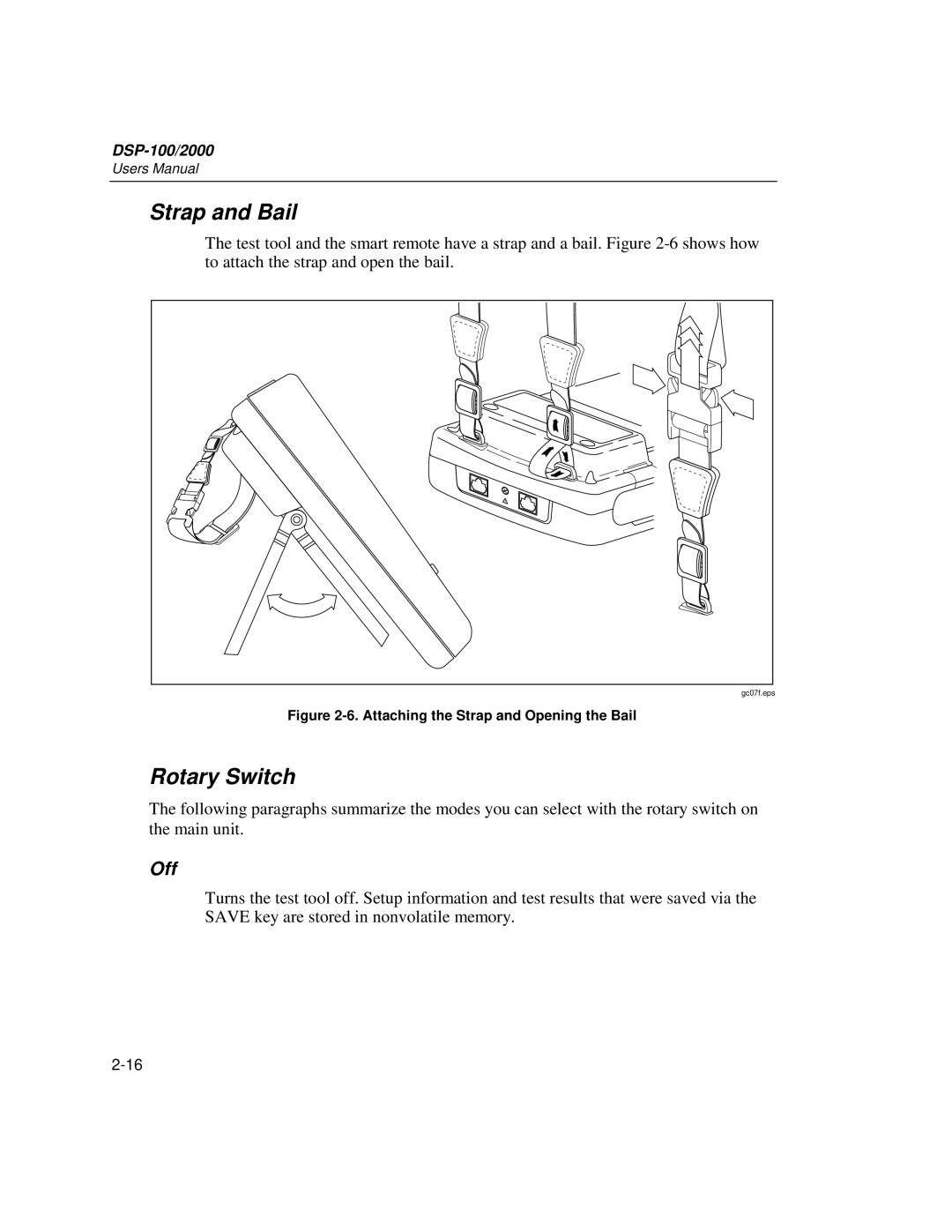 Fluke DSP-2000, DSP-100 user manual Strap and Bail, Rotary Switch, Off 