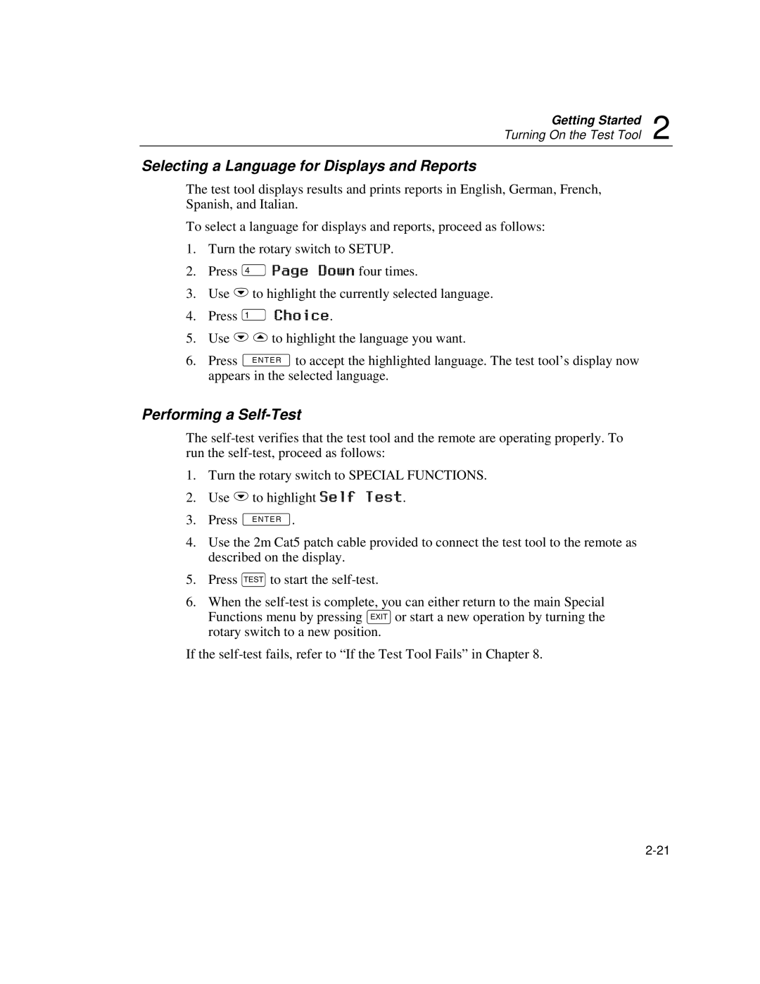 Fluke DSP-100, DSP-2000 user manual Selecting a Language for Displays and Reports, Performing a Self-Test 