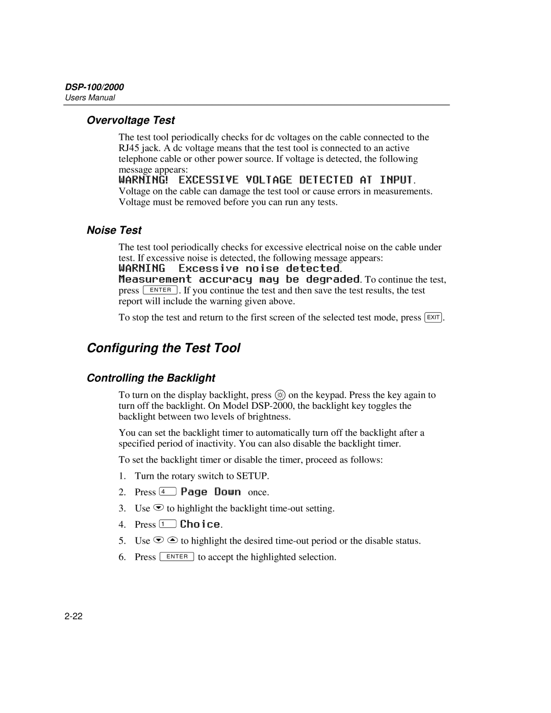 Fluke DSP-2000, DSP-100 user manual Configuring the Test Tool, Overvoltage Test, Noise Test, Controlling the Backlight 