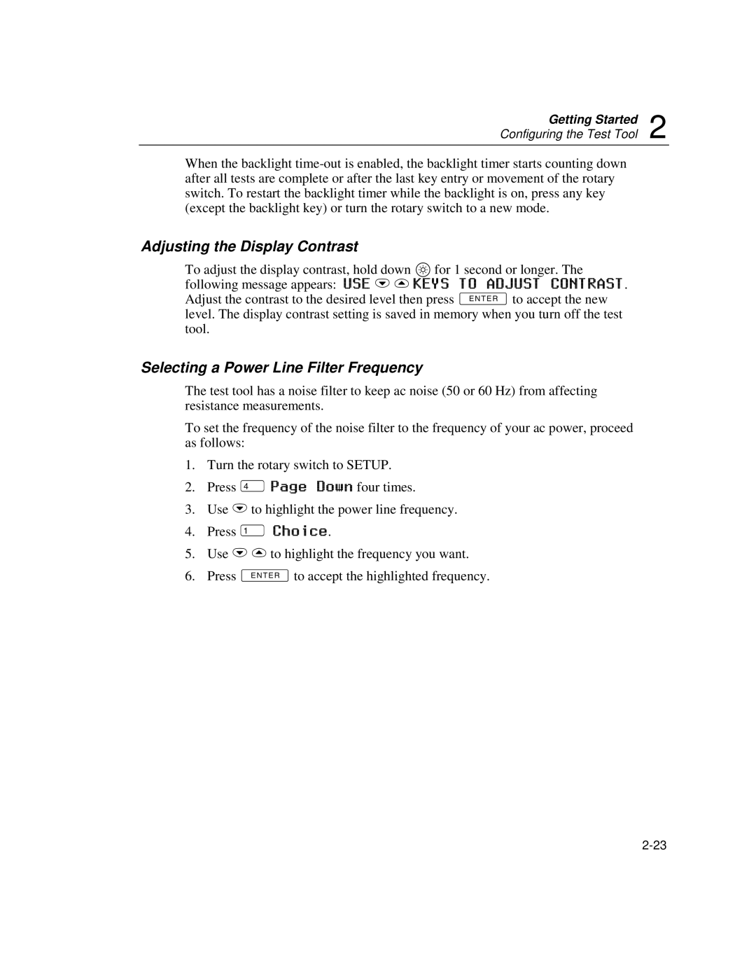 Fluke DSP-100, DSP-2000 user manual Adjusting the Display Contrast, Selecting a Power Line Filter Frequency 