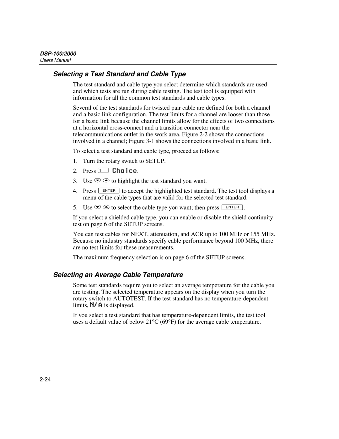 Fluke DSP-2000, DSP-100 user manual Selecting a Test Standard and Cable Type, Selecting an Average Cable Temperature 