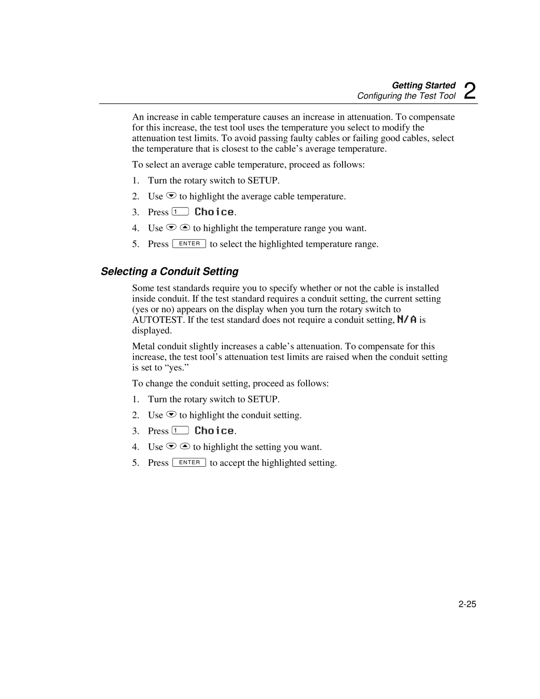 Fluke DSP-100, DSP-2000 user manual Selecting a Conduit Setting 