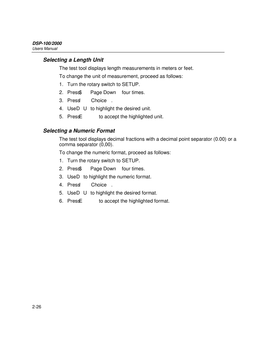 Fluke DSP-2000, DSP-100 user manual Selecting a Length Unit, Selecting a Numeric Format 