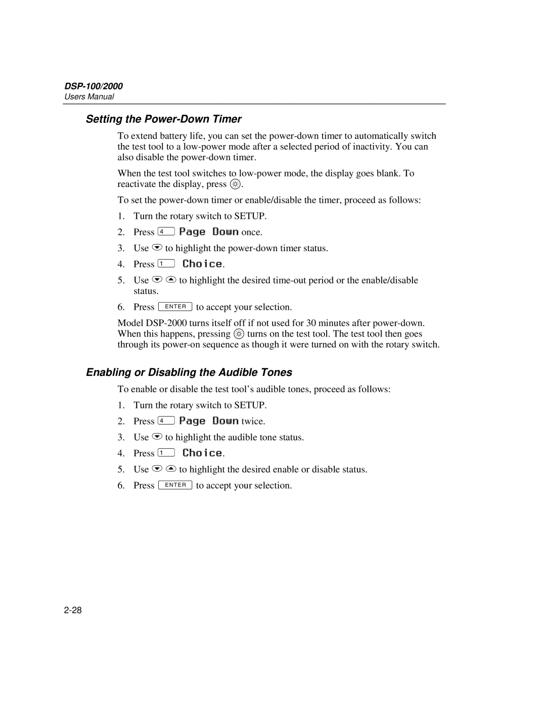 Fluke DSP-2000, DSP-100 user manual Setting the Power-Down Timer, Enabling or Disabling the Audible Tones 