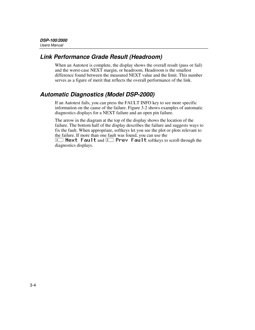 Fluke DSP-100 user manual Link Performance Grade Result Headroom, Automatic Diagnostics Model DSP-2000 