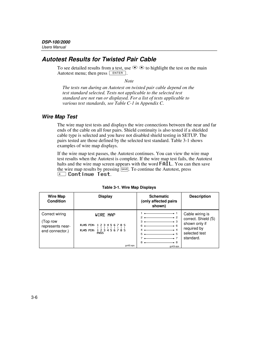 Fluke DSP-2000, DSP-100 user manual Autotest Results for Twisted Pair Cable, Wire Map Test 