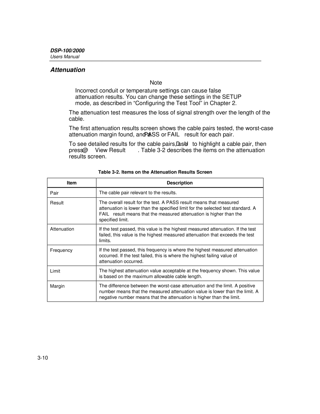 Fluke DSP-2000, DSP-100 user manual Items on the Attenuation Results Screen Description 