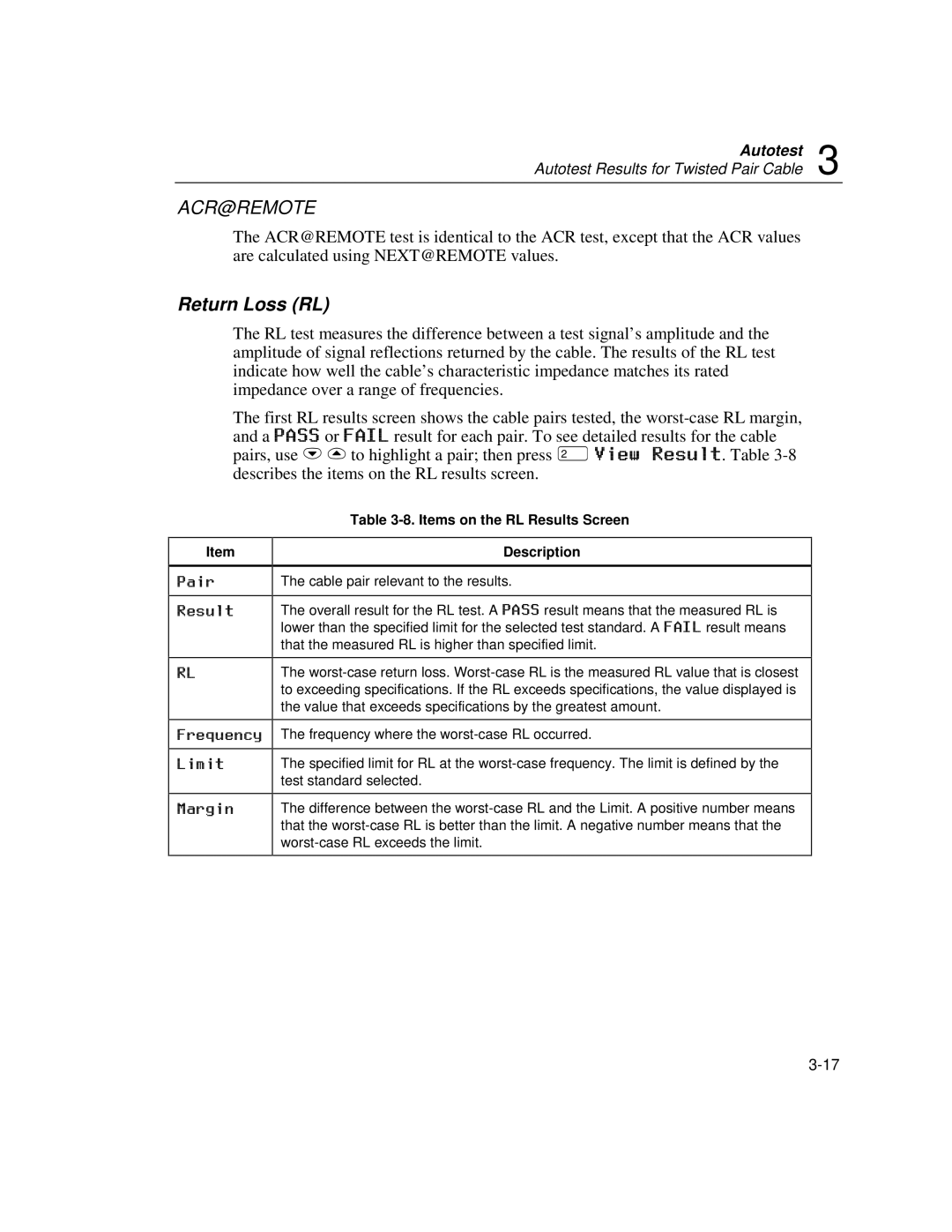 Fluke DSP-100, DSP-2000 user manual Return Loss RL, Items on the RL Results Screen Description 