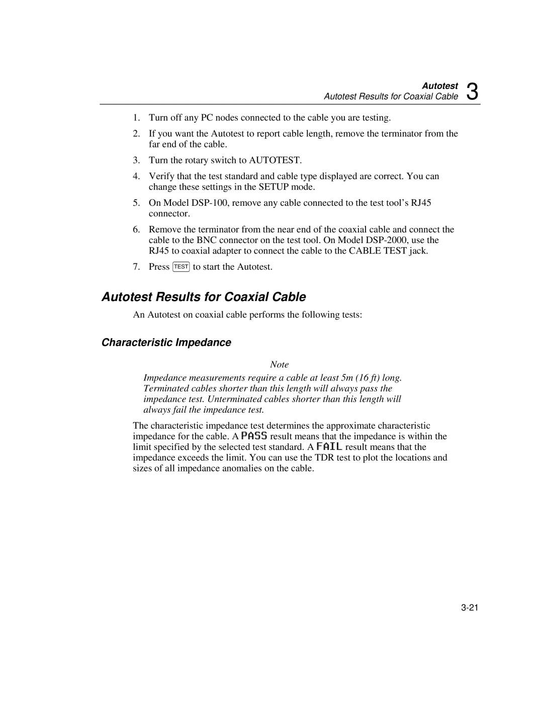 Fluke DSP-100, DSP-2000 user manual Autotest Results for Coaxial Cable, Characteristic Impedance 