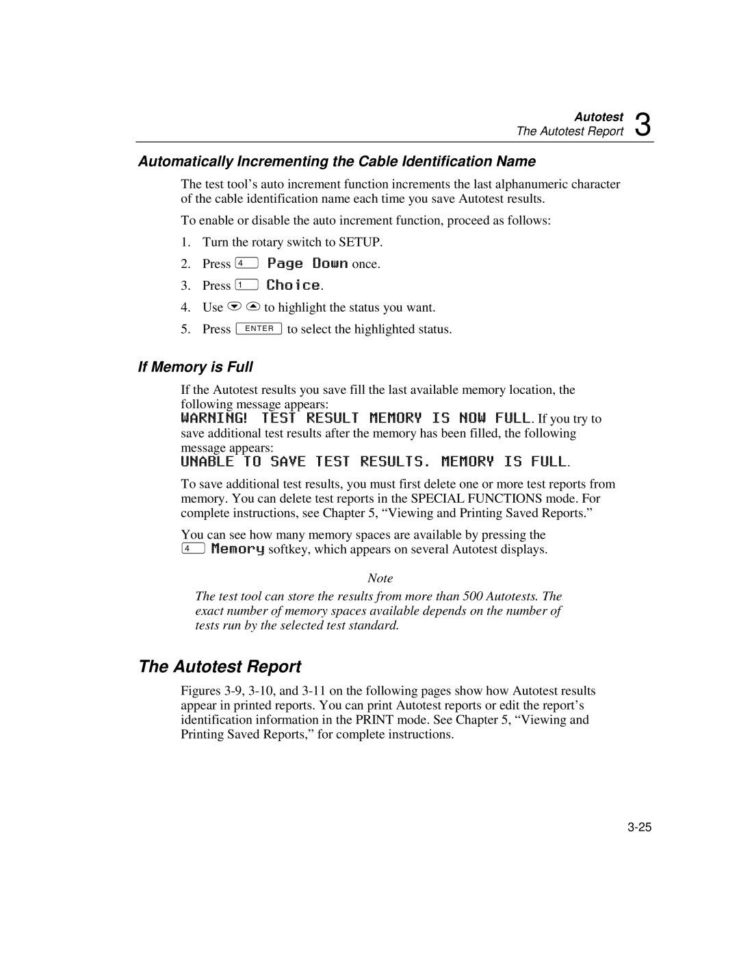 Fluke DSP-100, DSP-2000 Autotest Report, Automatically Incrementing the Cable Identification Name, If Memory is Full 