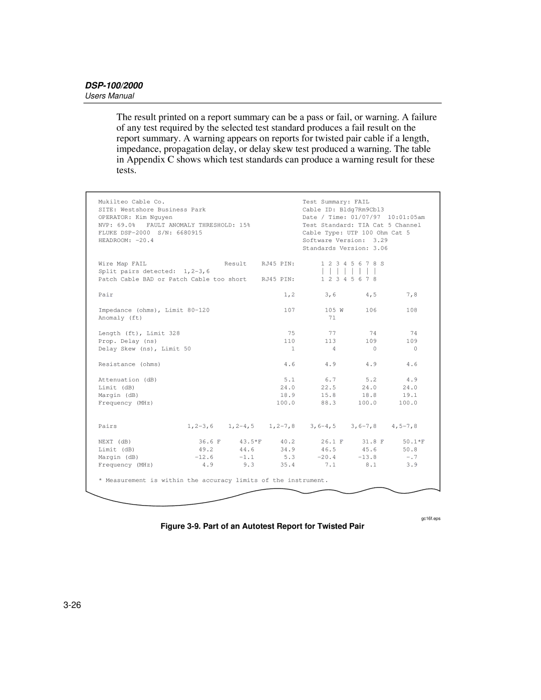 Fluke DSP-2000, DSP-100 user manual Part of an Autotest Report for Twisted Pair 