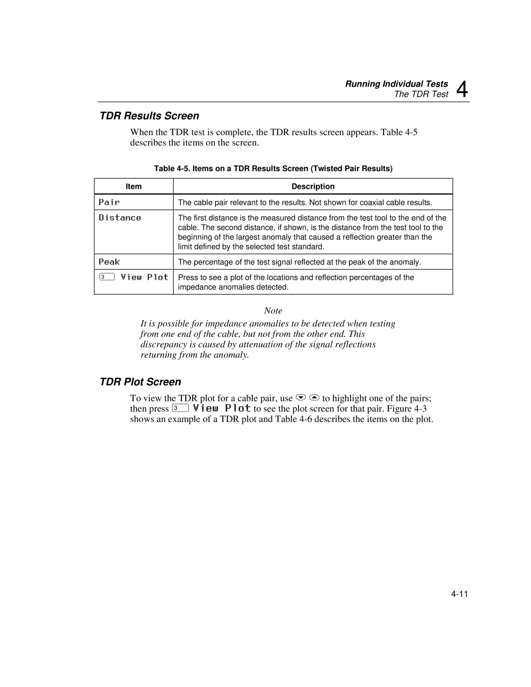 Fluke DSP-100, DSP-2000 user manual TDR Plot Screen, Items on a TDR Results Screen Twisted Pair Results 