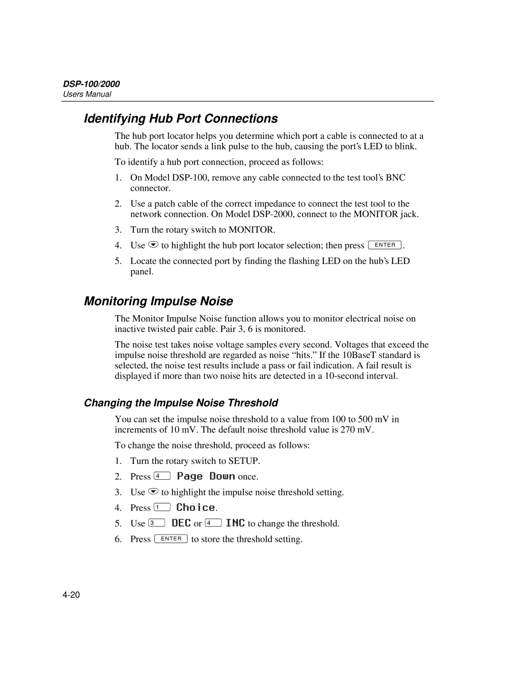 Fluke DSP-2000, DSP-100 Identifying Hub Port Connections, Monitoring Impulse Noise, Changing the Impulse Noise Threshold 