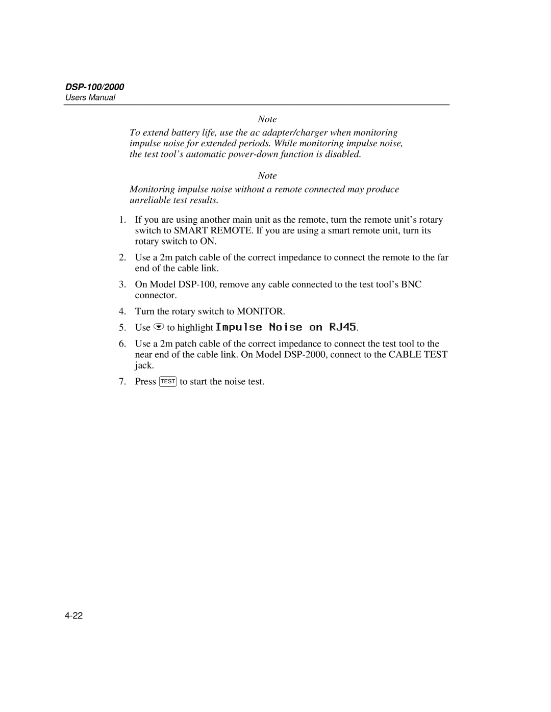 Fluke DSP-2000, DSP-100 user manual Use Dto highlight Impulse Noise on RJ45 