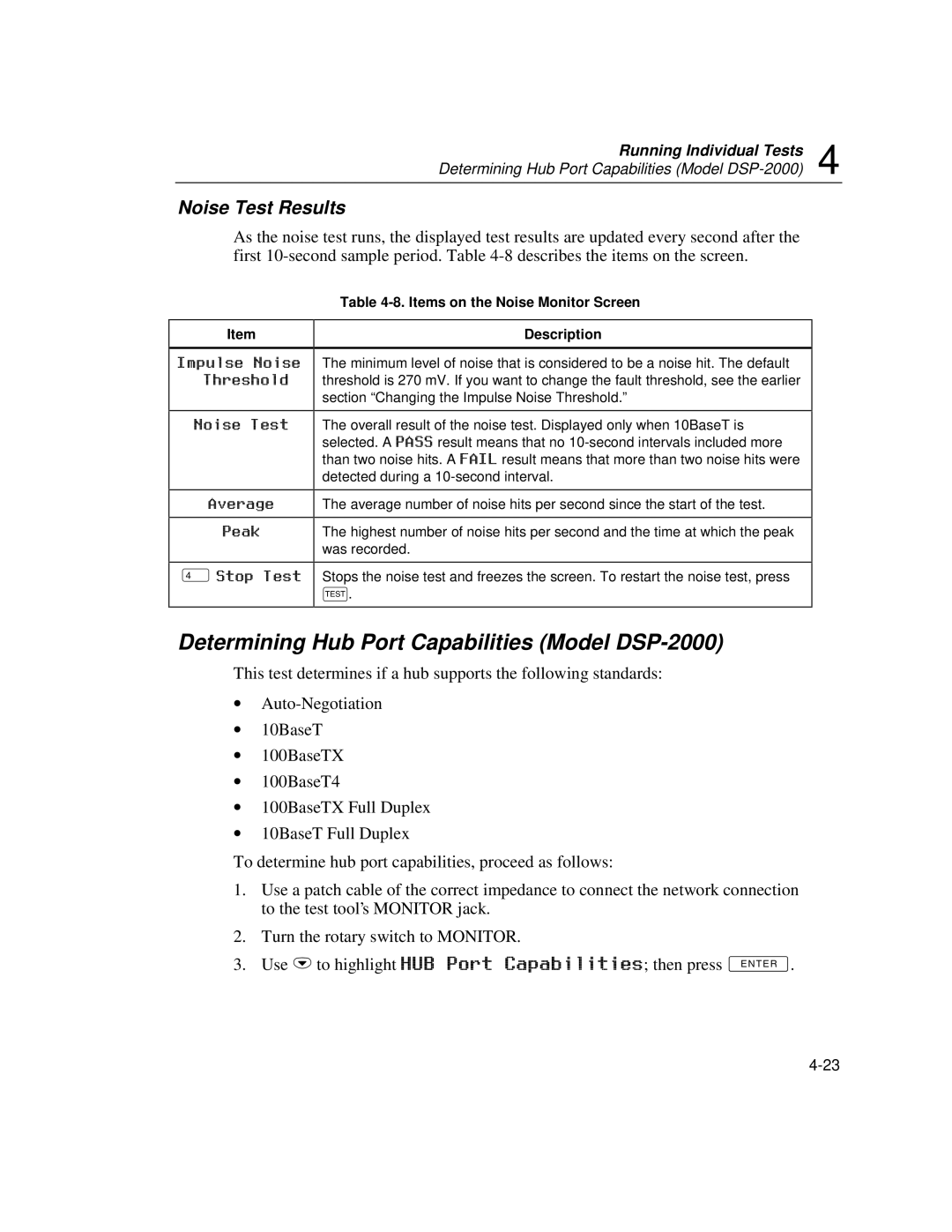 Fluke DSP-100 user manual Determining Hub Port Capabilities Model DSP-2000, Noise Test Results 