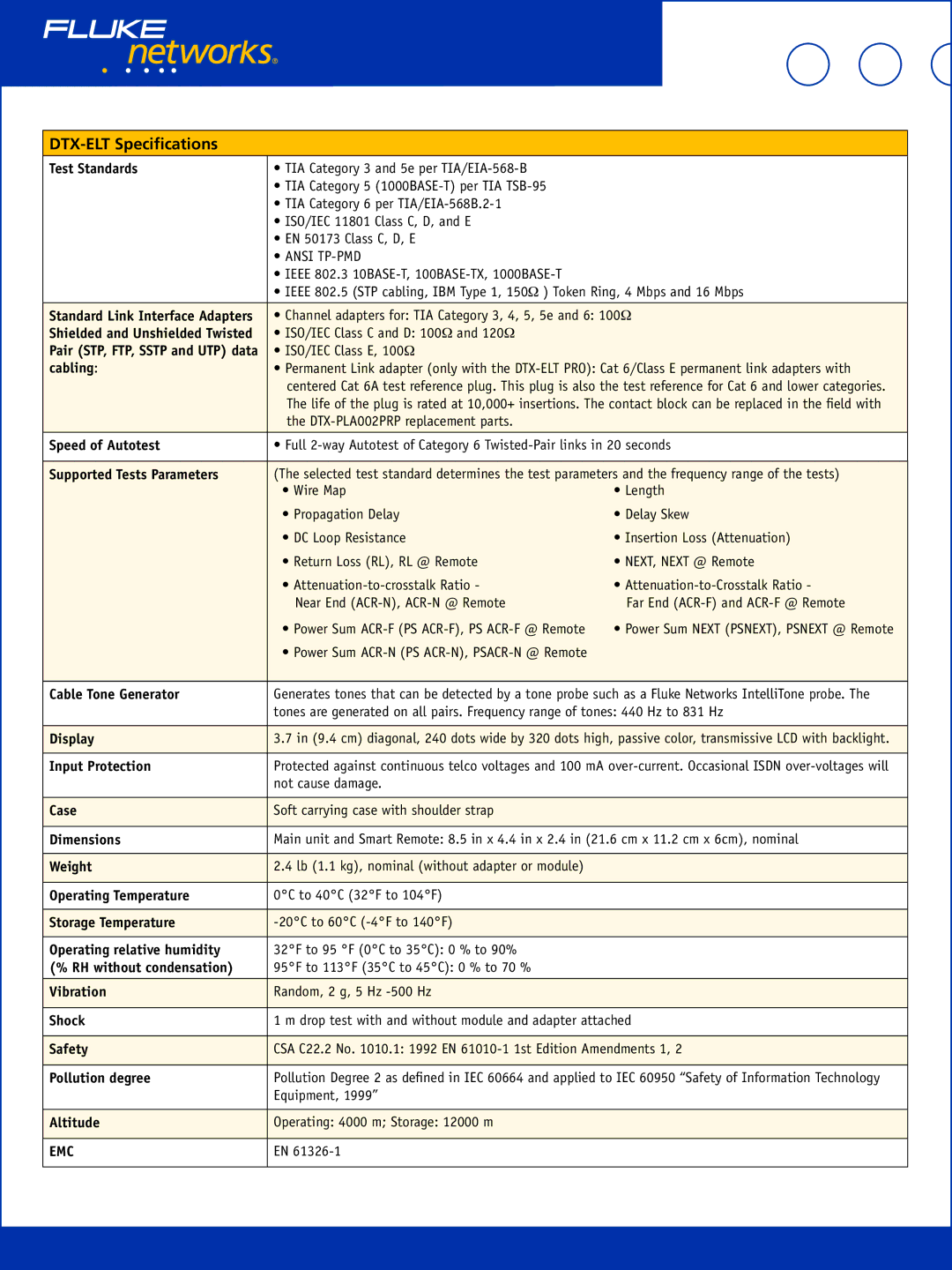 Fluke manual DTX-ELT Specifications, Emc 