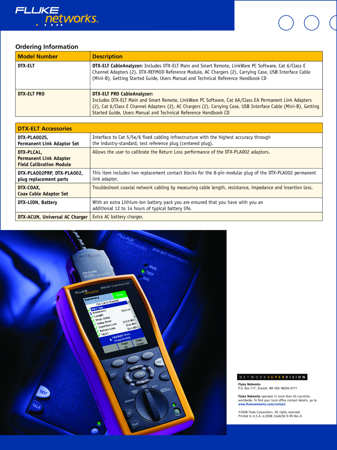 Fluke manual Ordering Information, Model Number Description, DTX-ELT Accessories 