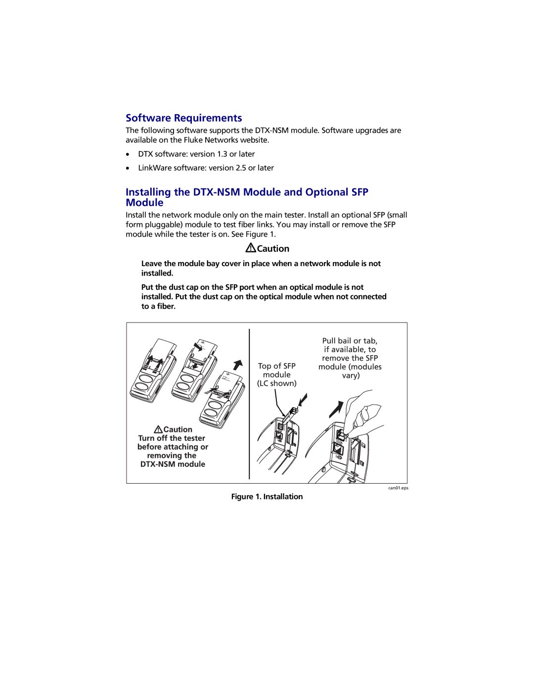 Fluke instruction sheet Software Requirements, Installing the DTX-NSM Module and Optional SFP Module 