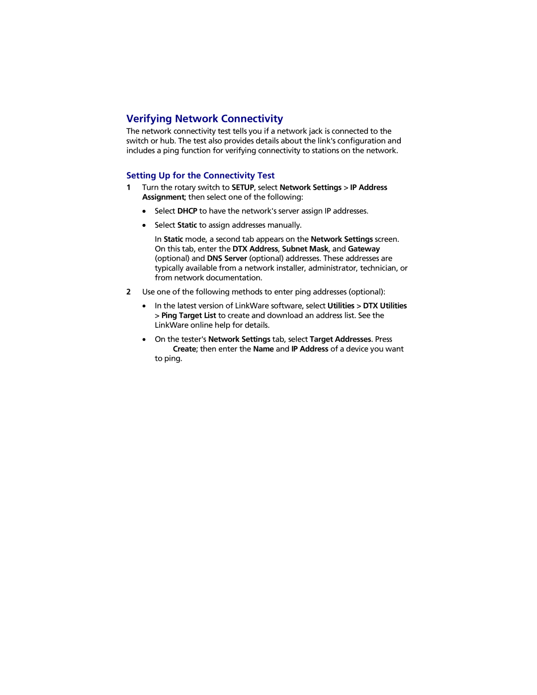 Fluke DTX-NSM instruction sheet Verifying Network Connectivity, Setting Up for the Connectivity Test 