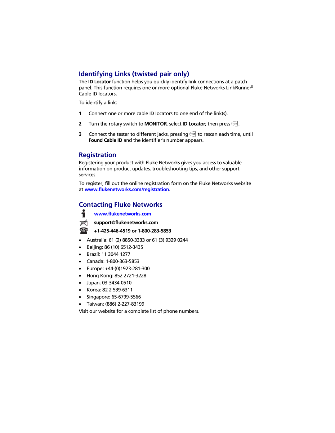 Fluke DTX-NSM instruction sheet Identifying Links twisted pair only, Registration, Contacting Fluke Networks 