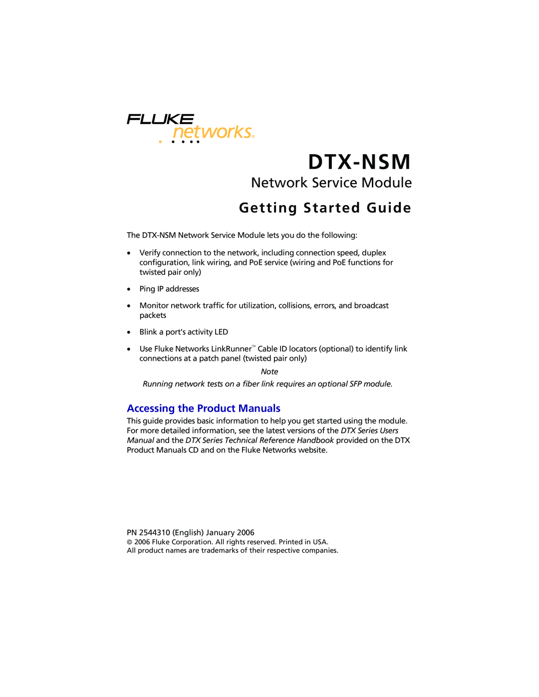 Fluke DTX-NSM instruction sheet Accessing the Product Manuals, Dtx-Nsm, Network Service Module, Getting Started Guide 