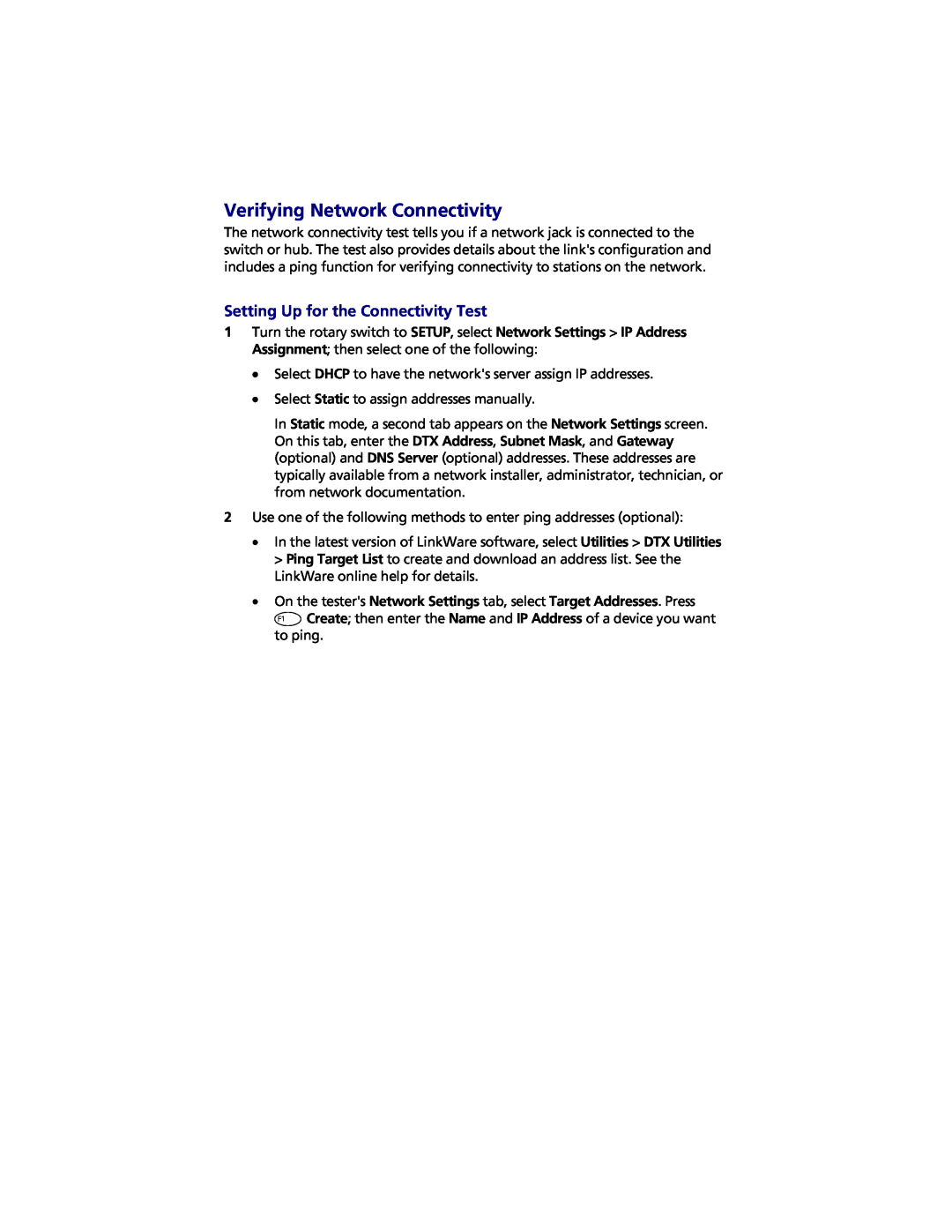 Fluke DTX-NSM instruction sheet Verifying Network Connectivity, Setting Up for the Connectivity Test 
