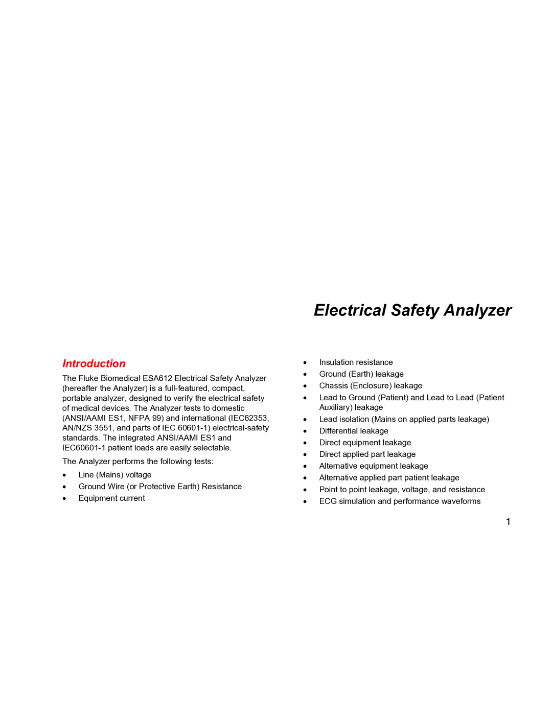 Fluke ESA612 specifications Electrical Safety Analyzer, Introduction 