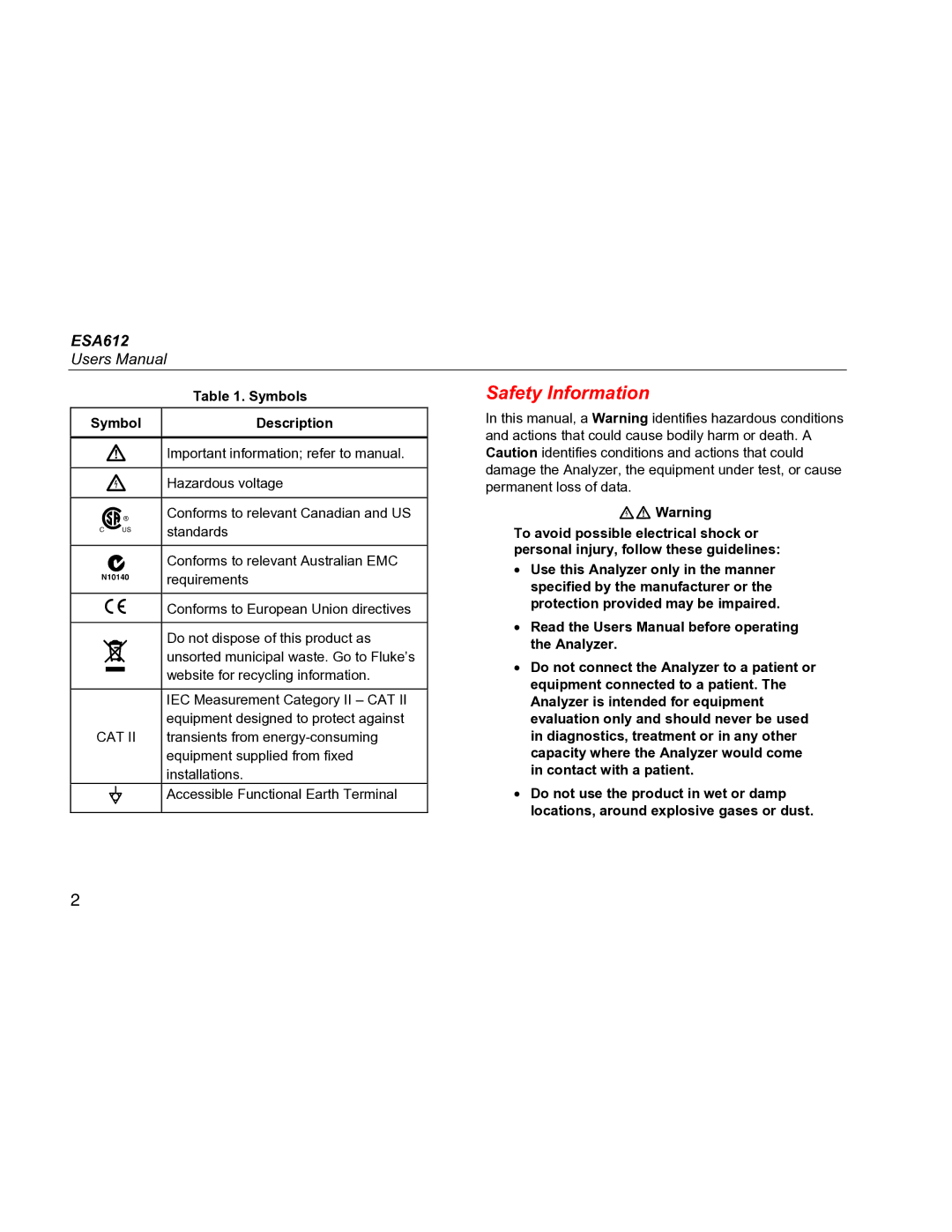 Fluke ESA612 specifications Safety Information, Symbol Description 