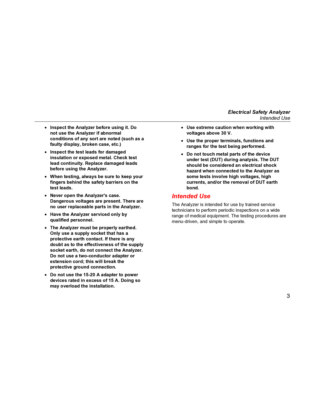 Fluke ESA612 specifications Intended Use, Electrical Safety Analyzer 